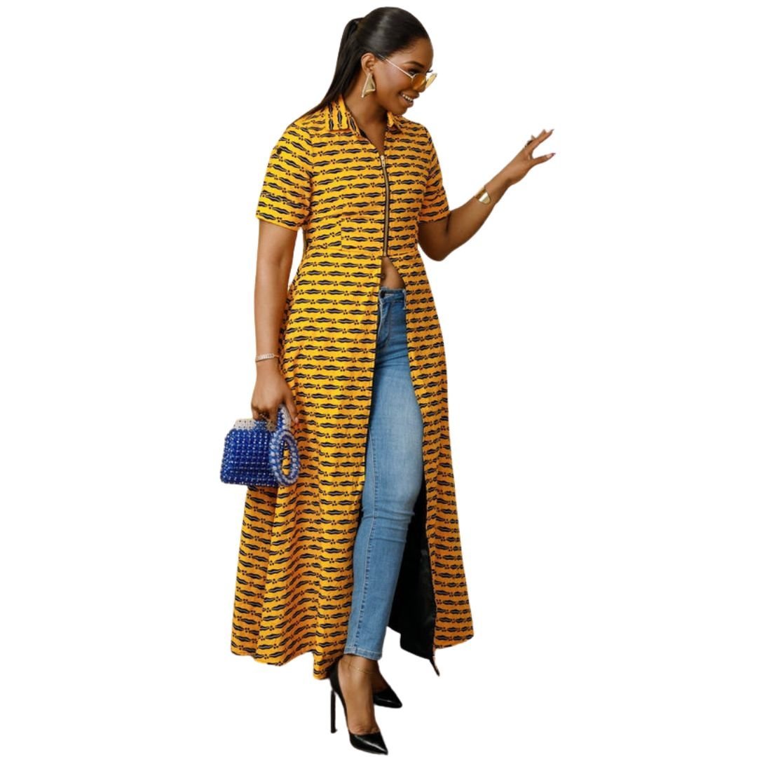 FOLA AFRICAN PRINT COLLARED ZIP FRONT TOP DRESS [YELLOW] - Especially Yours
