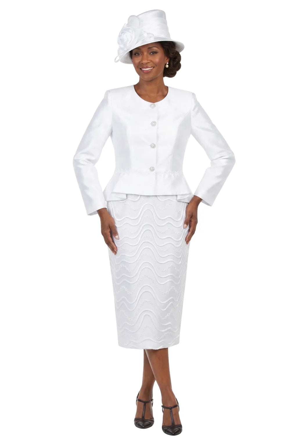 2pc Silky Twill Collarless Jkt + Lace Skirt Suit
