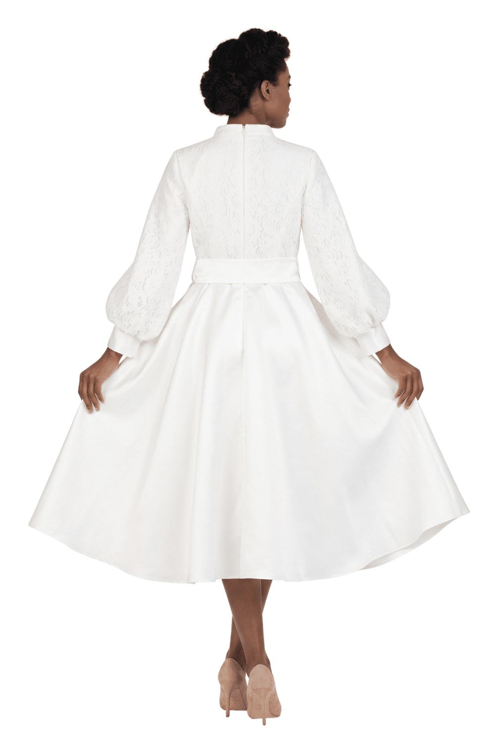 Balloon Slv Lace&Twill A-line Drs w/ Belt-Plus - Especially Yours