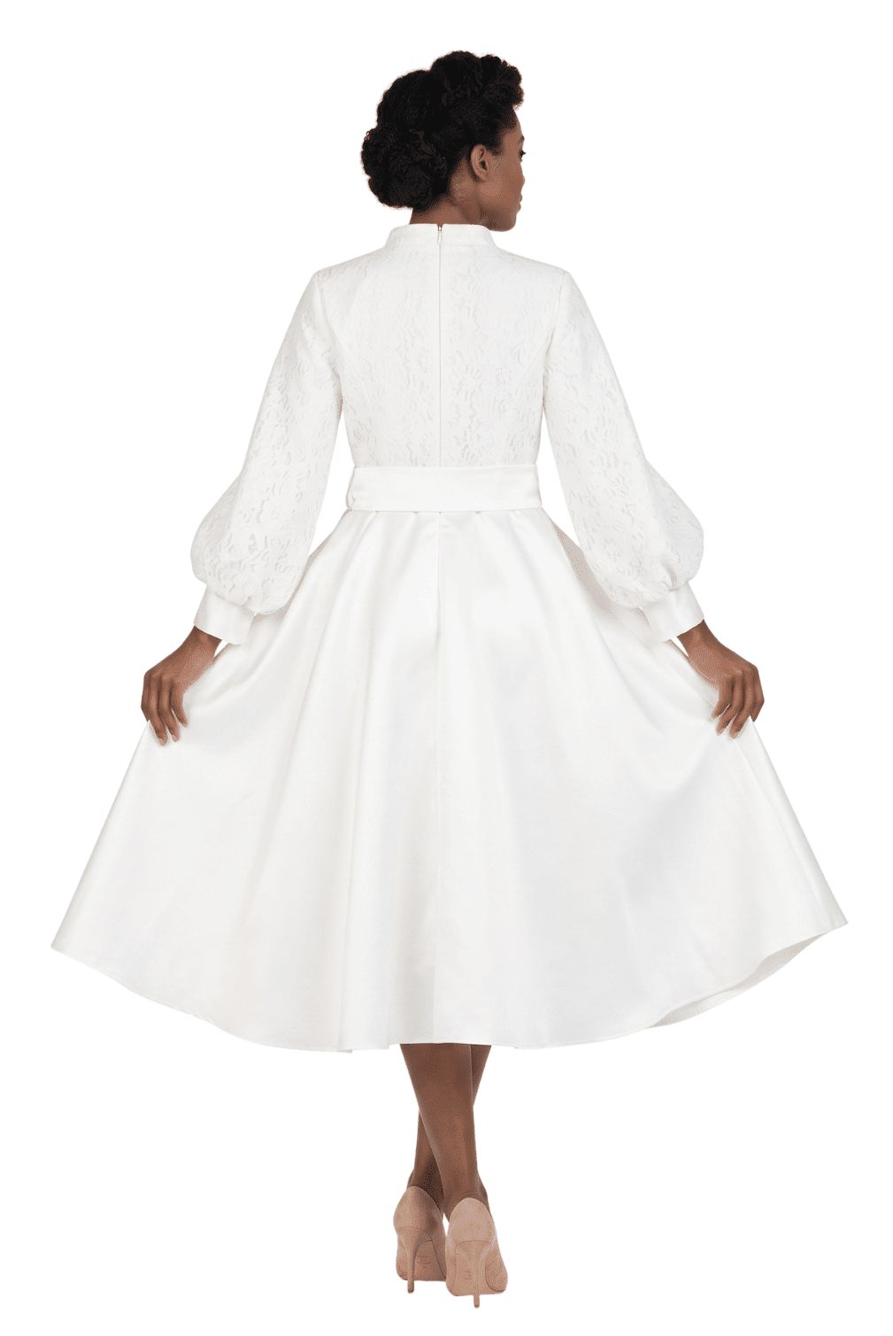 Balloon Slv Lace&Twill A-line Drs w/ Belt-Plus - Especially Yours
