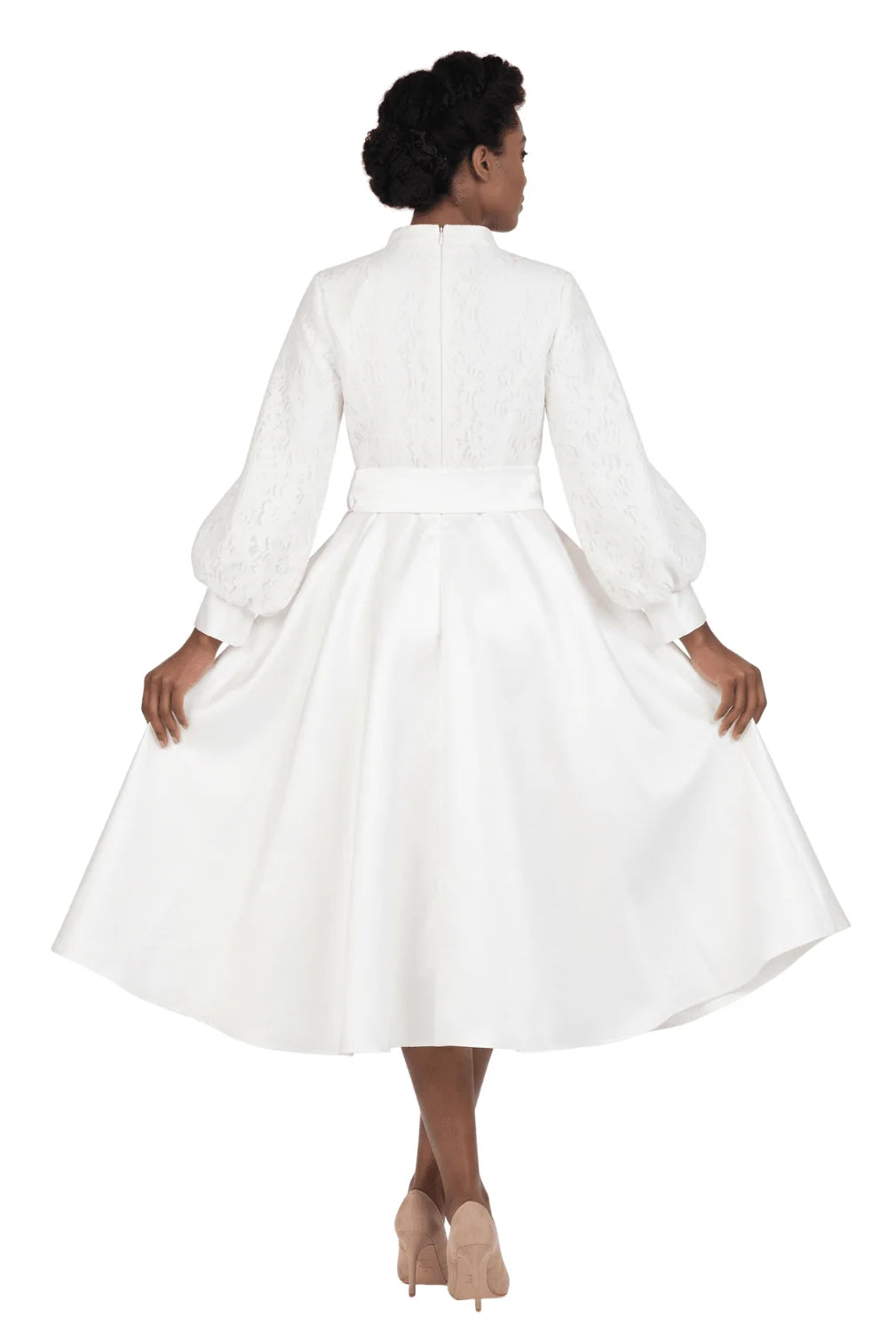 Balloon Slv Lace&Twill A-line Drs w/ Belt-Plus