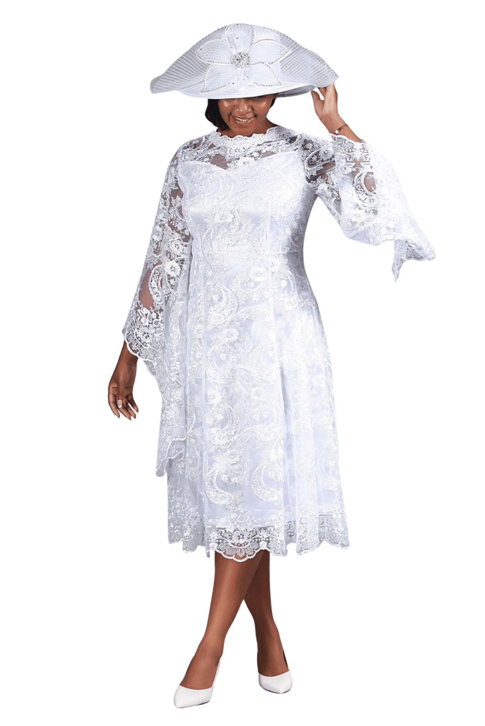 White Lace A - Line Dress with Draped Sheer Sleeves - Especially Yours