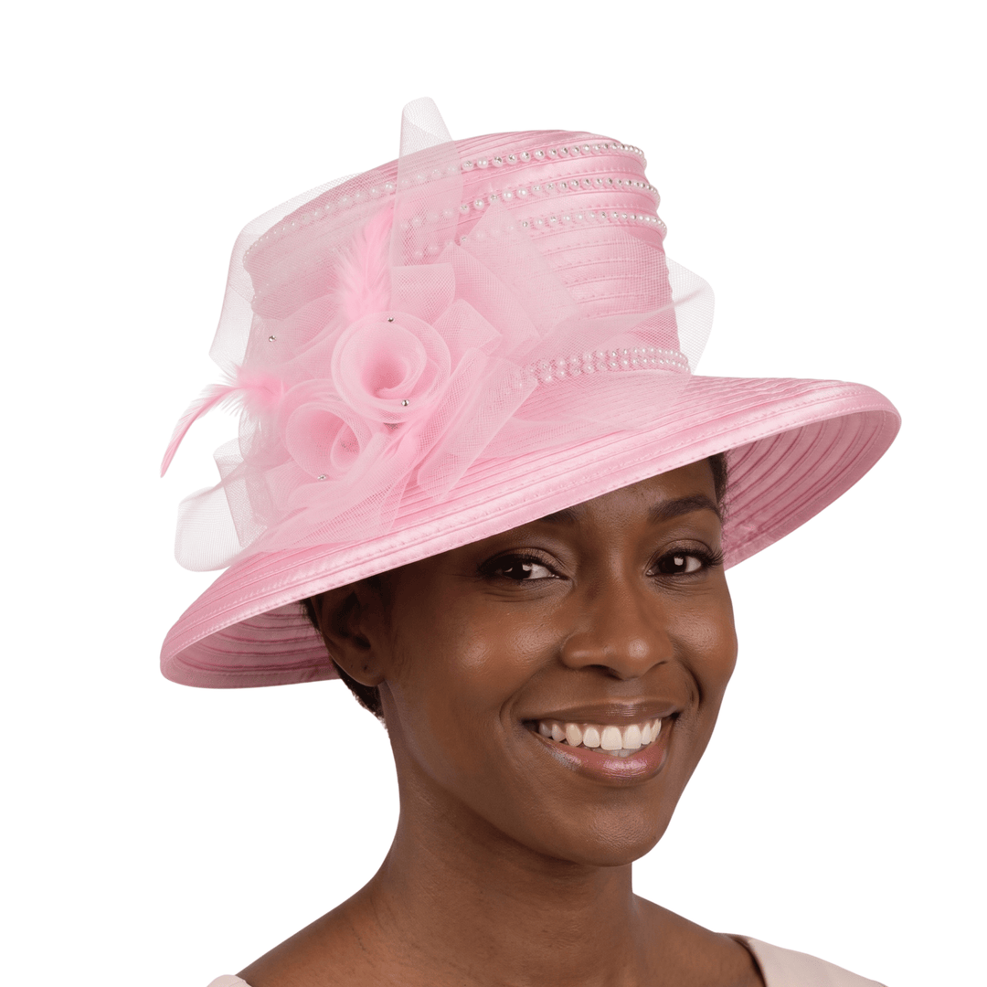 Medium Brim Satin Ribbon Hat w/ Mesh Flower - Especially Yours