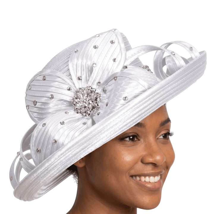 Rhinestone Med Brim Ribbon Hat w/ Flower - Especially Yours