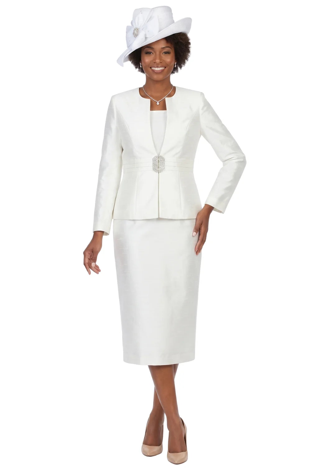 3pc Silky Twill Skirt Suit w/ Gathered Waist-Plus