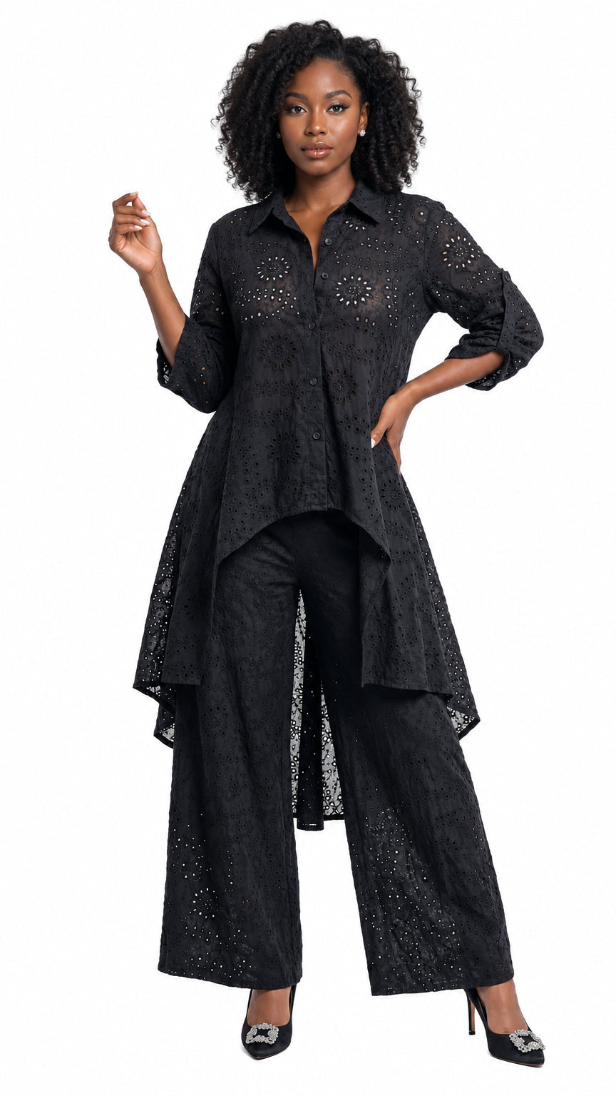 Lisa Rene' , 2Pc. Hi-Low Tunic & Pant Set, Embroidered Cotton Fabric. Style 3367