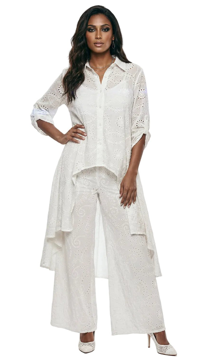 Lisa Rene' , 2Pc. Hi-Low Tunic & Pant Set, Embroidered Cotton Fabric. Style 3367