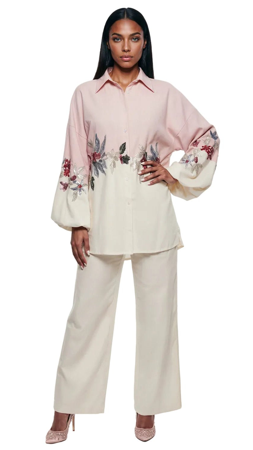 Lisa Rene' , 2Pc. Tunic & Pant Set, Linen/Viscose Fabric Trimmed with Sequin Embroidery. Style 3369