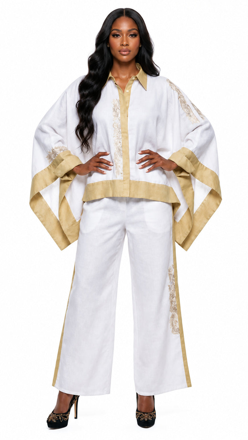 Lisa Rene' , 2Pc. Tunic & Pant Set, Linen/Viscose Fabric Embroidered on Tunic and Pant. Style 3371