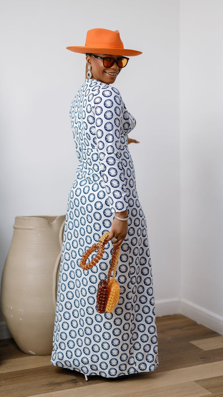 FARIDA AFRICAN PRINT LONG SLEEVE FRONT ZIP MAXI DRESS [WHITE]