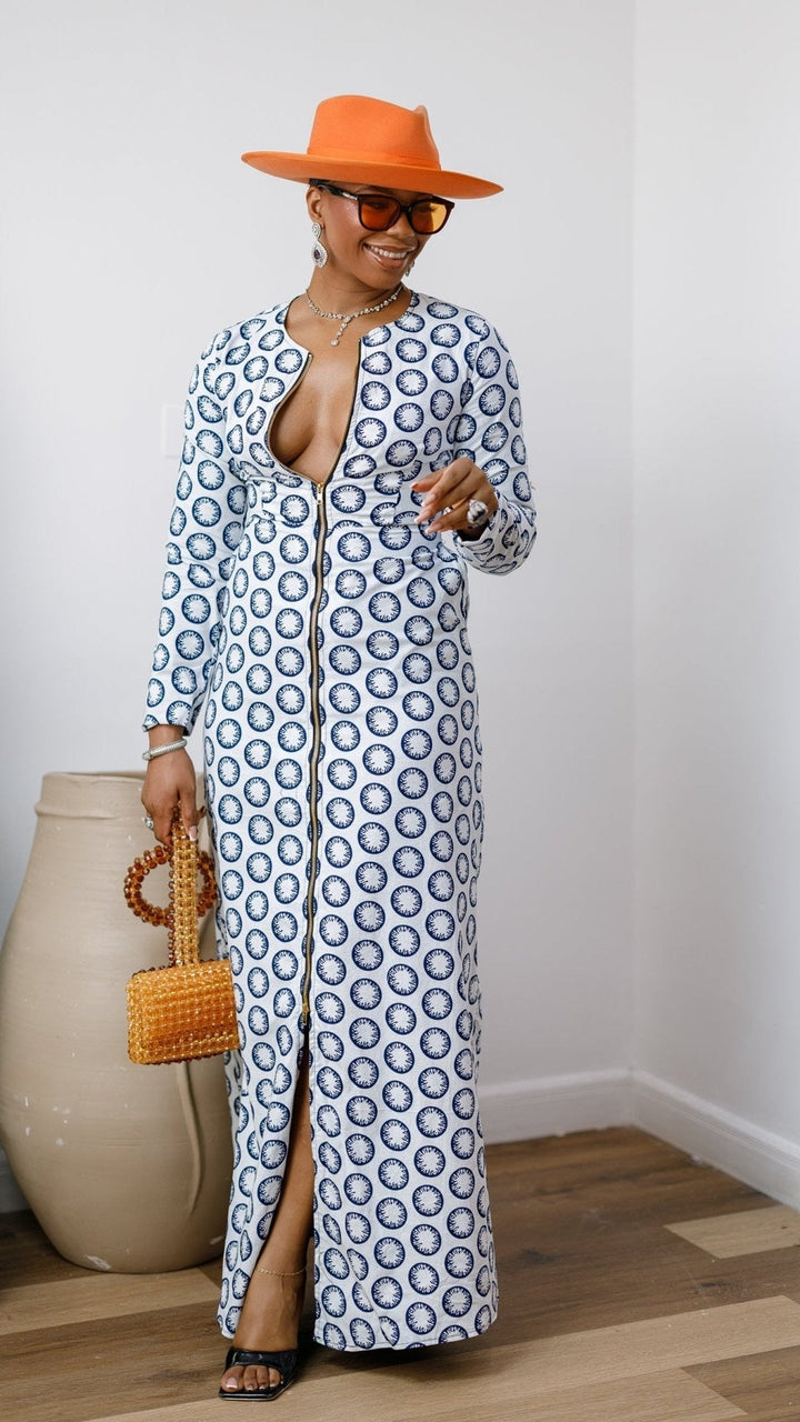 FARIDA AFRICAN PRINT LONG SLEEVE FRONT ZIP MAXI DRESS [WHITE] - Especially Yours