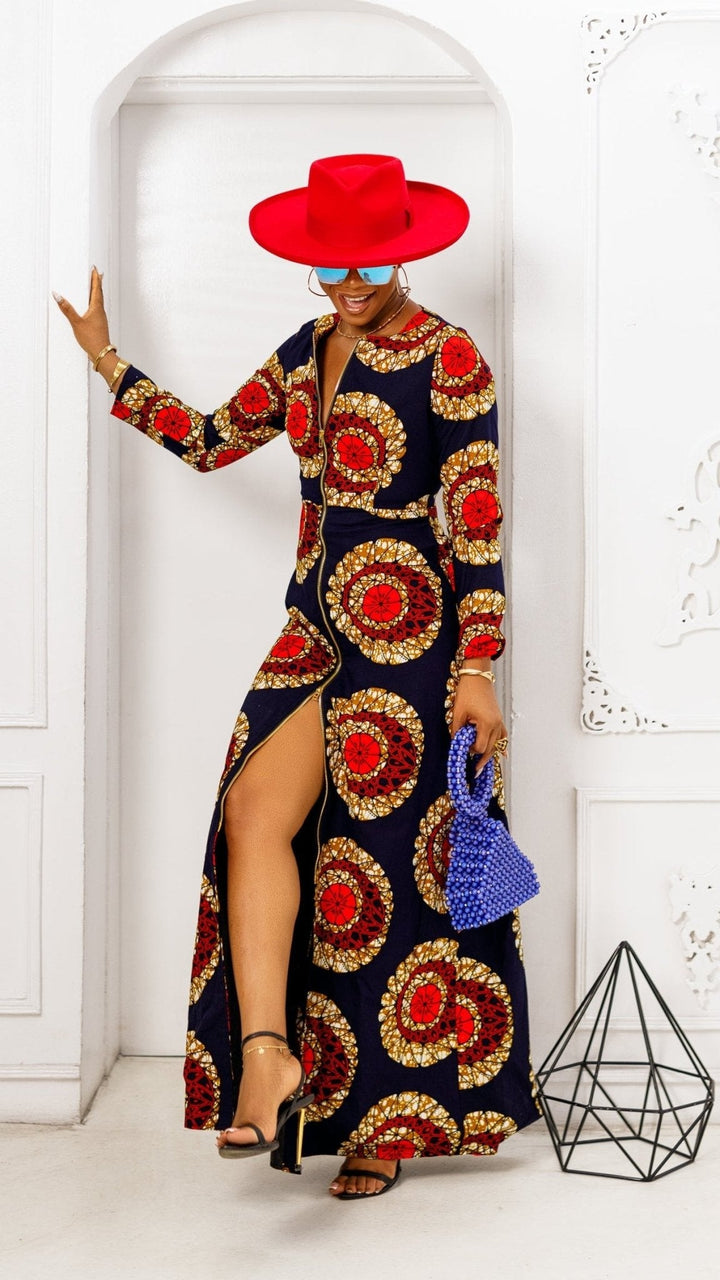 FARIDA AFRICAN PRINT LONG SLEEVE FRONT ZIP MAXI DRESS [RED] - Especially Yours