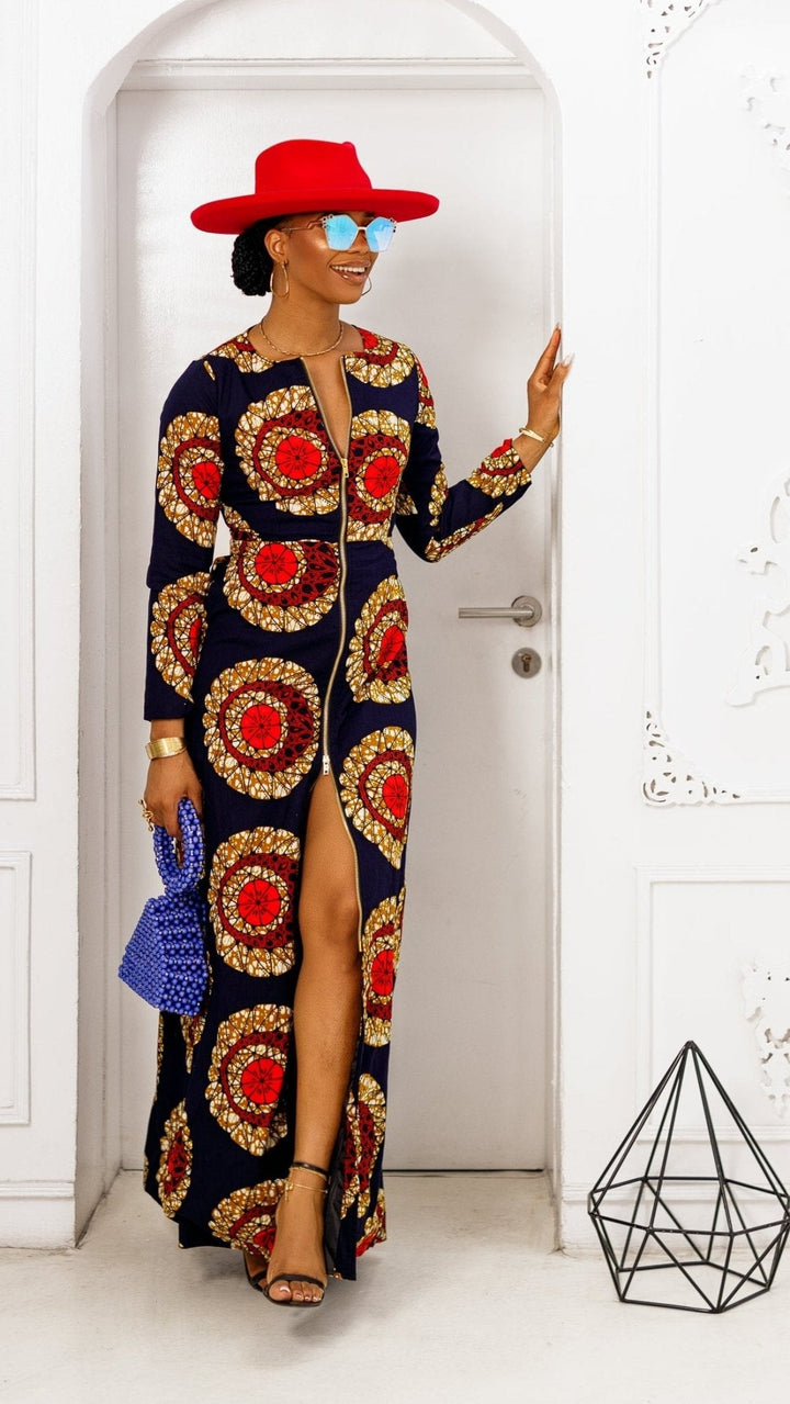 FARIDA AFRICAN PRINT LONG SLEEVE FRONT ZIP MAXI DRESS [RED] - Especially Yours