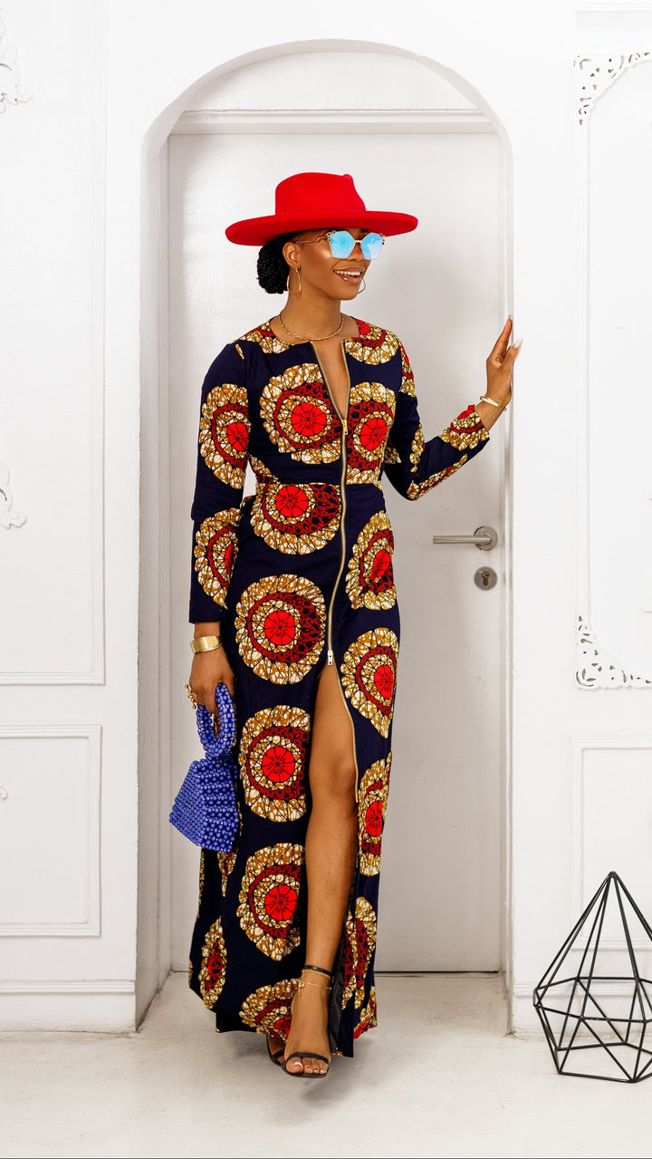 FARIDA AFRICAN PRINT LONG SLEEVE FRONT ZIP MAXI DRESS [RED]