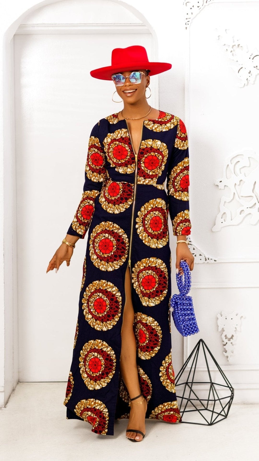FARIDA AFRICAN PRINT LONG SLEEVE FRONT ZIP MAXI DRESS [RED] - Especially Yours