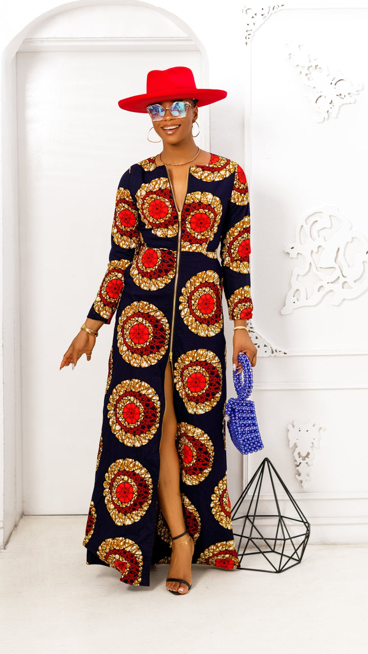 FARIDA AFRICAN PRINT LONG SLEEVE FRONT ZIP MAXI DRESS [RED]