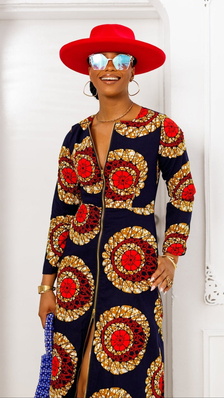 FARIDA AFRICAN PRINT LONG SLEEVE FRONT ZIP MAXI DRESS [RED] - Especially Yours