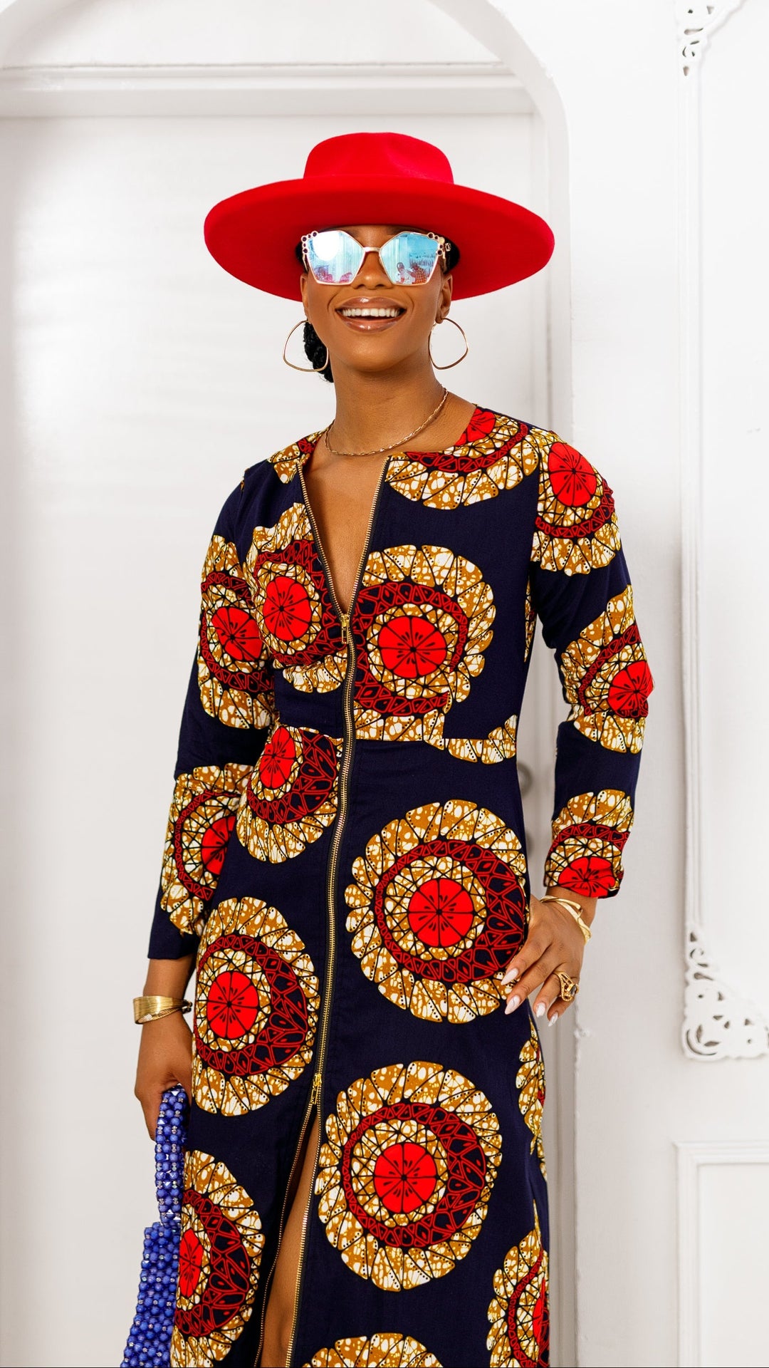 FARIDA AFRICAN PRINT LONG SLEEVE FRONT ZIP MAXI DRESS [RED]