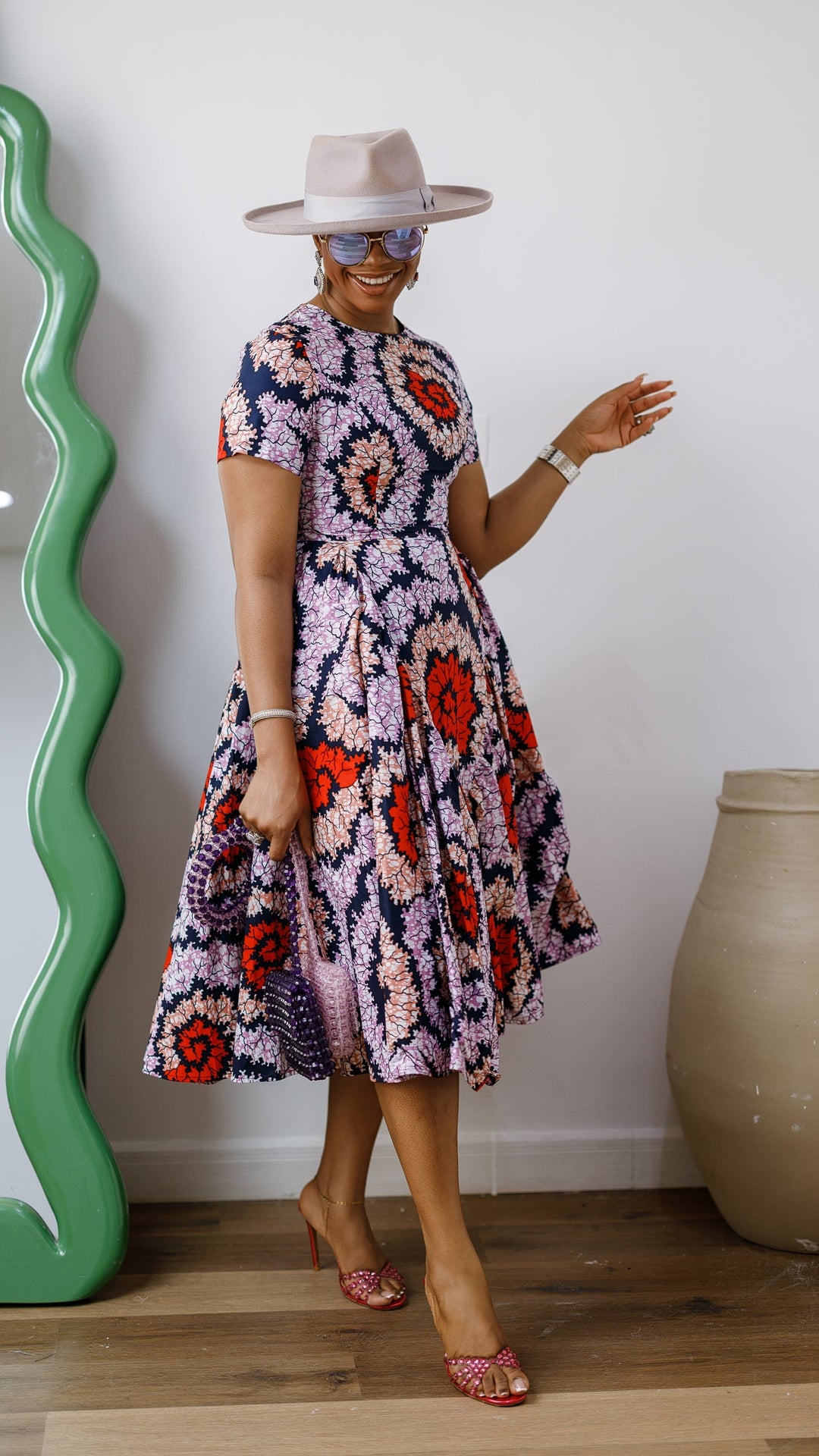 JAYE AFRICAN PRINT FIT-AND-FLARE MIDI DRESS [ORANGE]