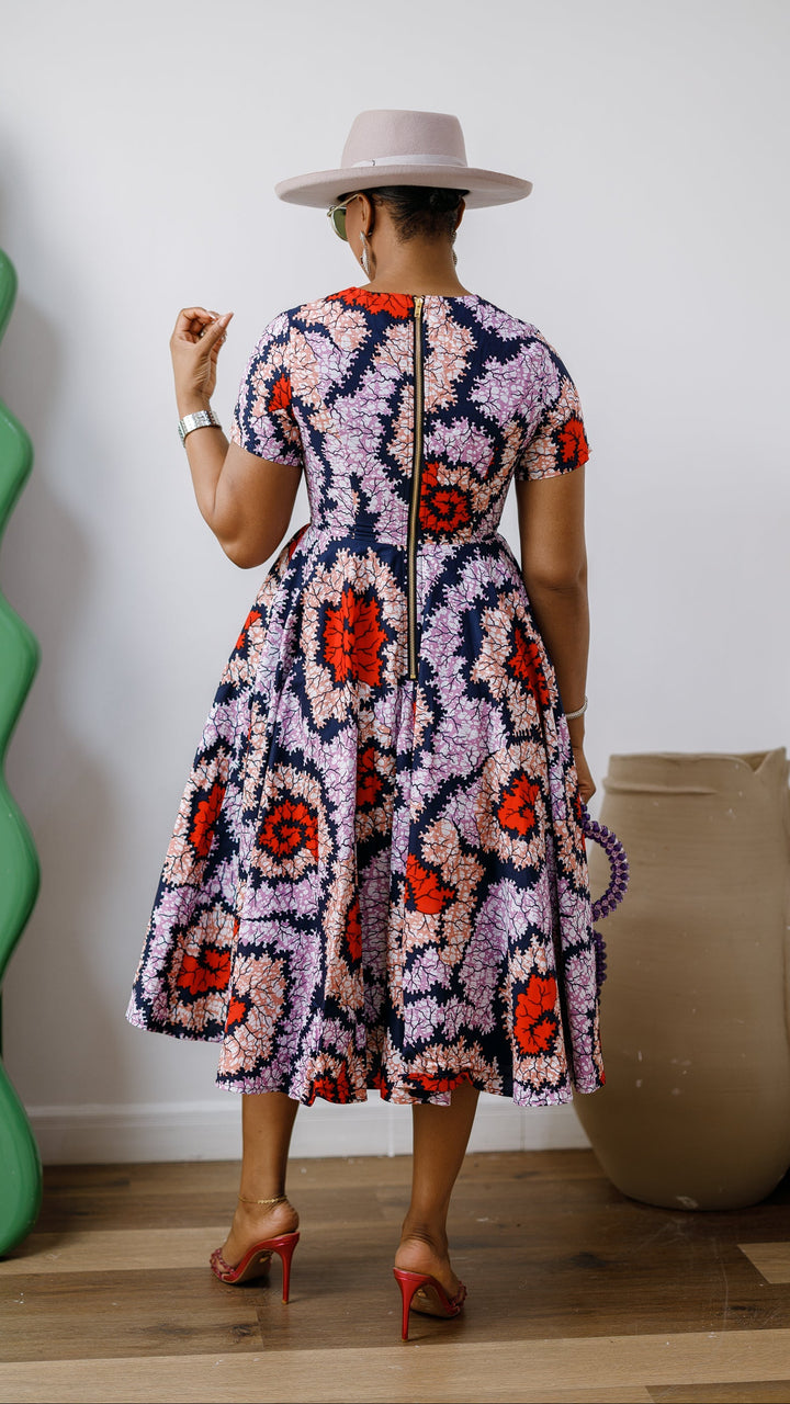 JAYE AFRICAN PRINT FIT-AND-FLARE MIDI DRESS [ORANGE]