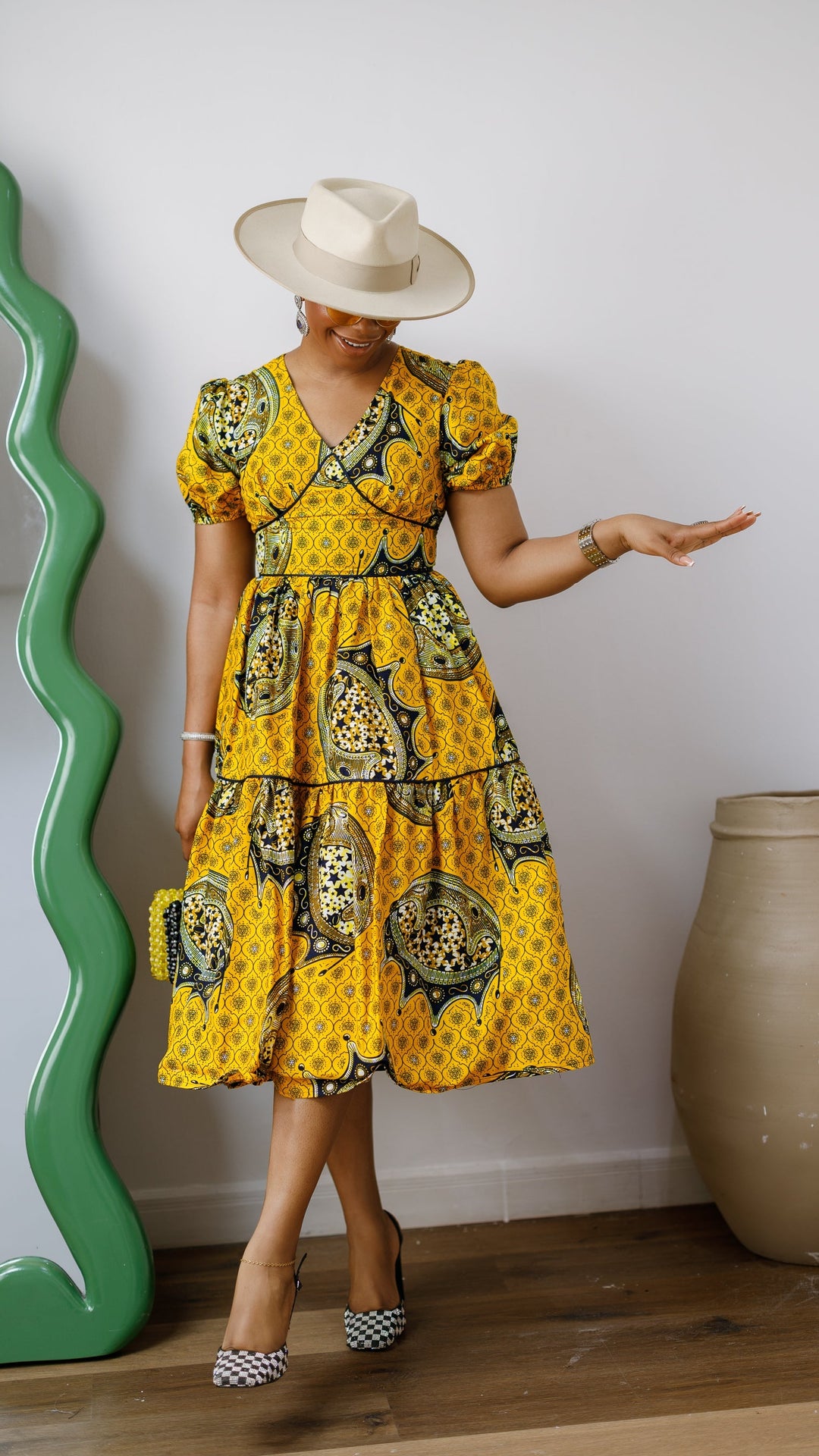 AYO AFRICAN PRINT PUFF-SLEEVE TIERED MIDI DRESS