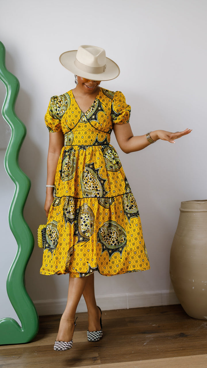 AYO AFRICAN PRINT PUFF-SLEEVE TIERED MIDI DRESS