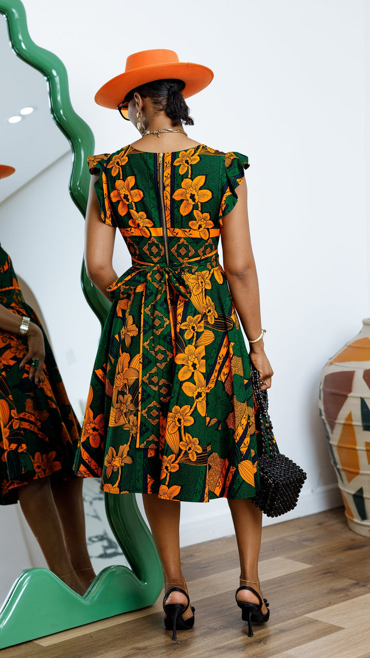 MALIKA AFRICAN PRINT FRILL SLEEVE DRESS----FINAL SALE