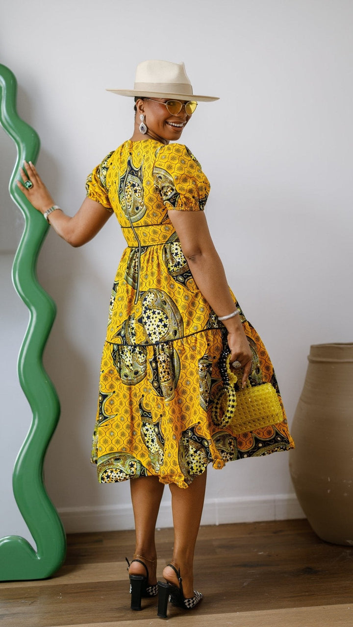 AYO AFRICAN PRINT PUFF-SLEEVE TIERED MIDI DRESS - Especially Yours