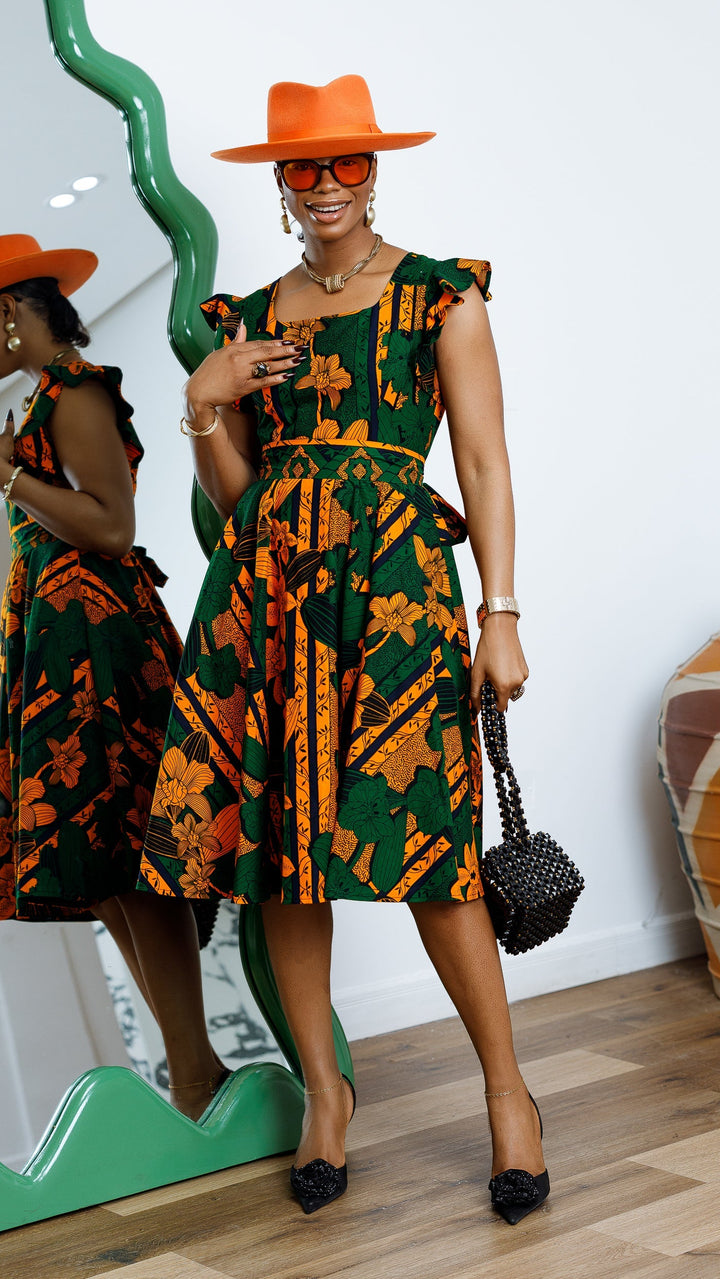 MALIKA AFRICAN PRINT FRILL SLEEVE DRESS----FINAL SALE