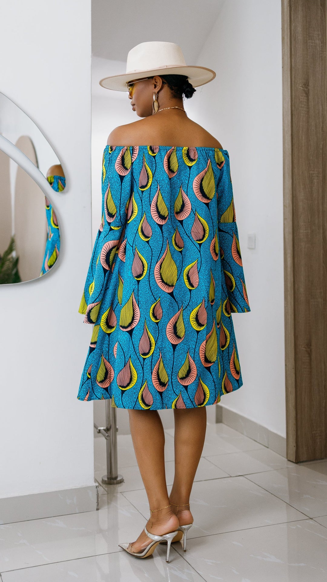 TIYE AFRICAN PRINT OFF SHOULDER DRESS [TEAL]----FINAL SALE