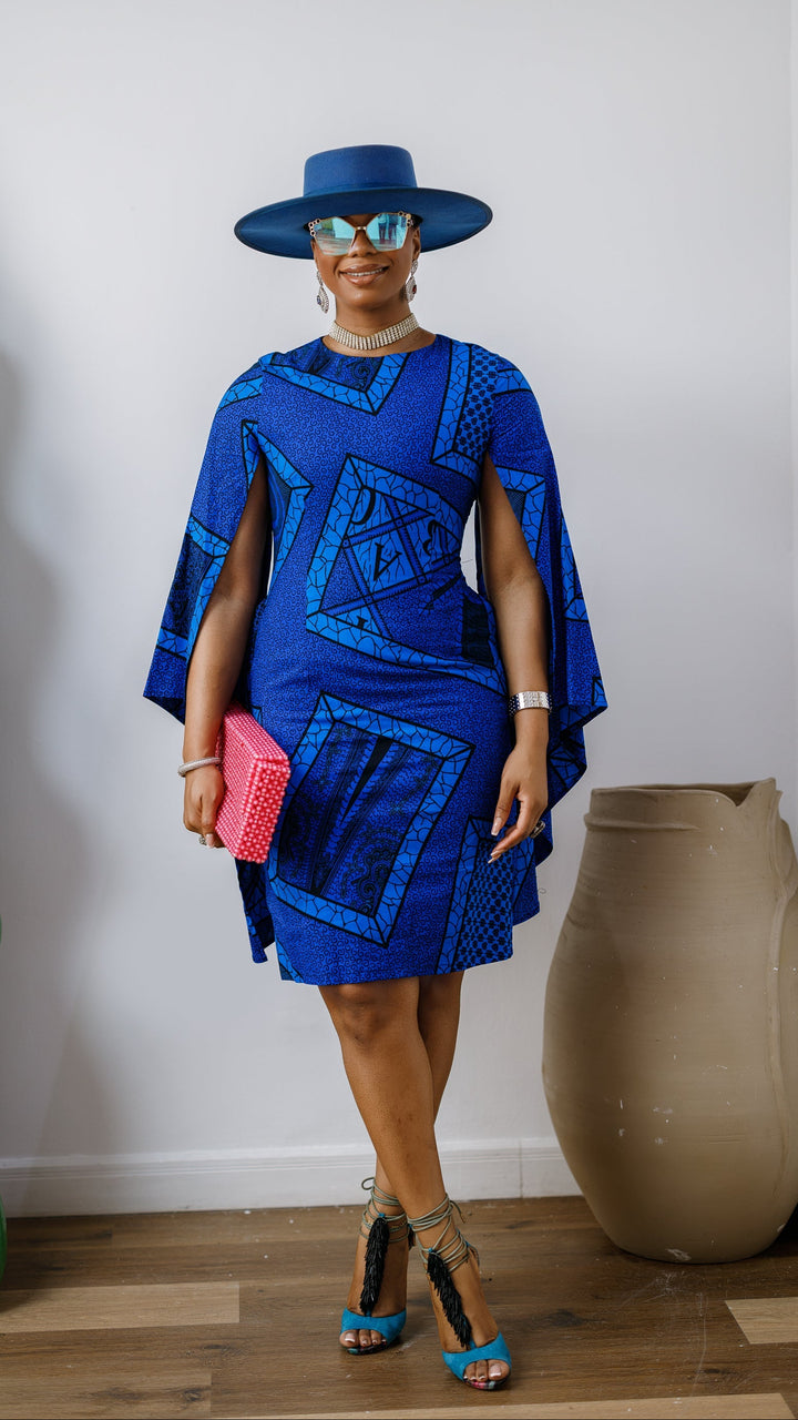 SADE AFRICAN PRINT CAPE SLEEVE MIDI DRESS [BLUE]