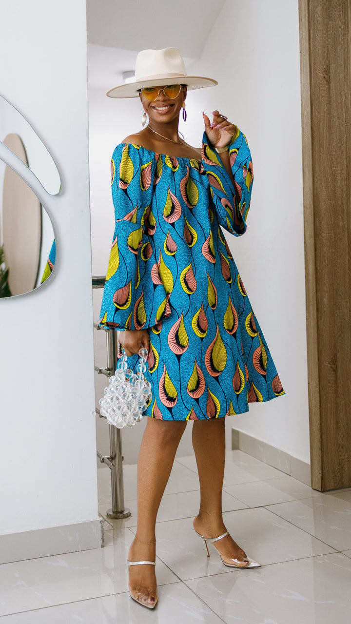 TIYE AFRICAN PRINT OFF SHOULDER DRESS [TEAL]----FINAL SALE