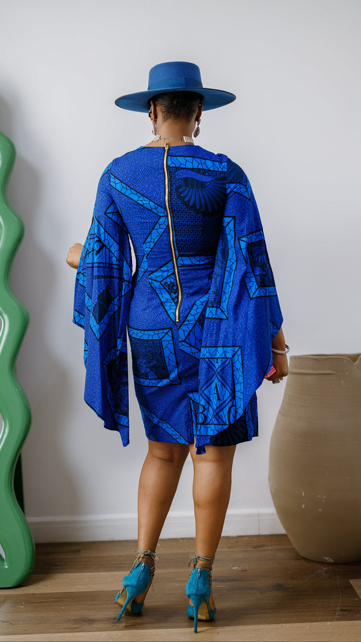 SADE AFRICAN PRINT CAPE SLEEVE MIDI DRESS [BLUE]