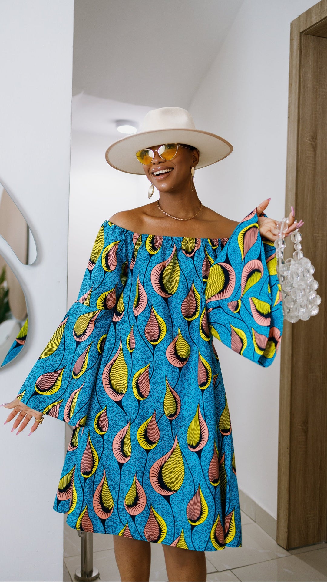 TIYE AFRICAN PRINT OFF SHOULDER DRESS [TEAL]----FINAL SALE