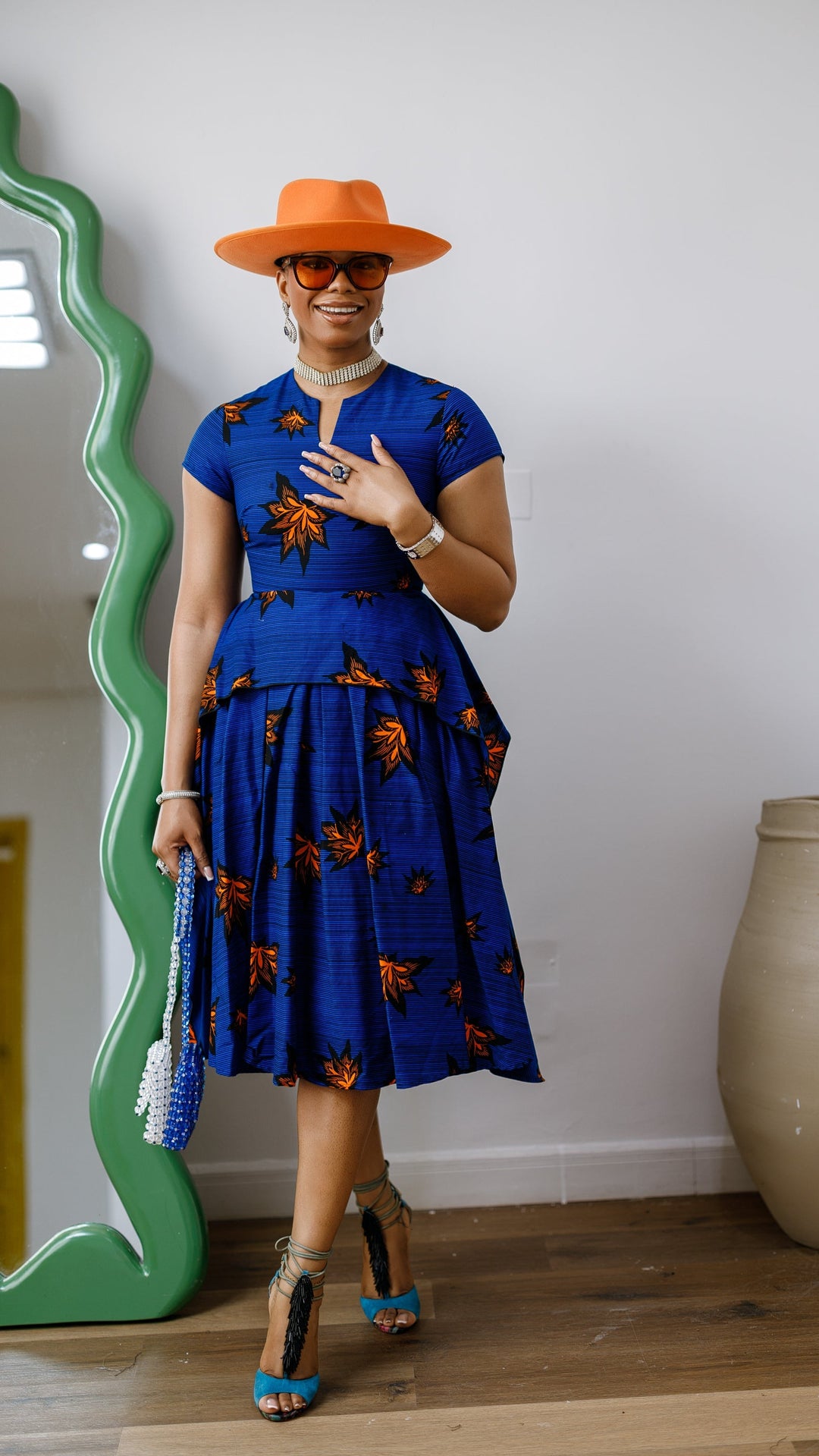 ADESEWA AFRICAN PRINT PEPLUM MIDI DRESS [BLUE]