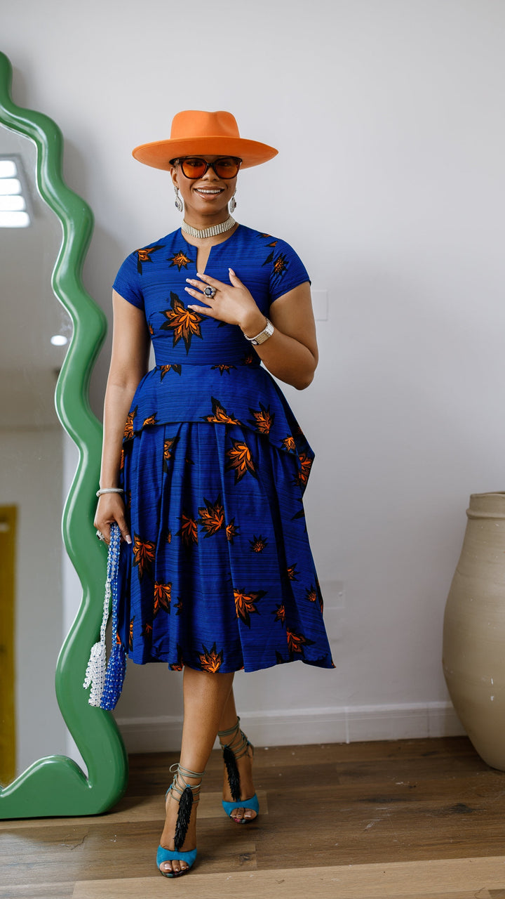ADESEWA AFRICAN PRINT PEPLUM MIDI DRESS [BLUE]
