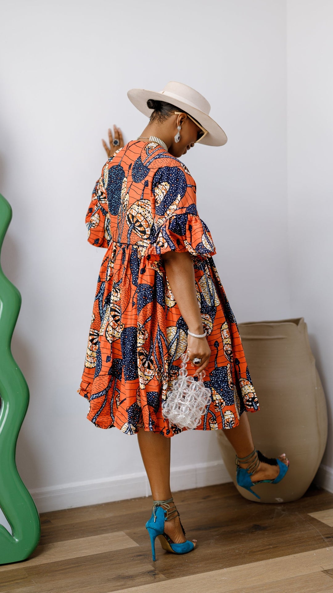 MILA AFRICAN PRINT FLOWY MIDI DRESS [ORANGE]
