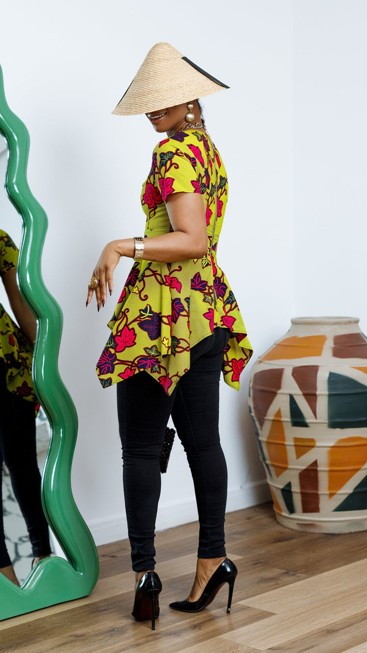 EBUN AFRICAN PRINT ASYMMETRIC PEPLUM TOP [GREEN]----FINAL SALE