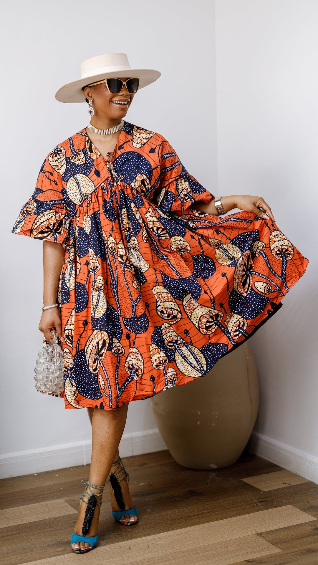 MILA AFRICAN PRINT FLOWY MIDI DRESS [ORANGE]