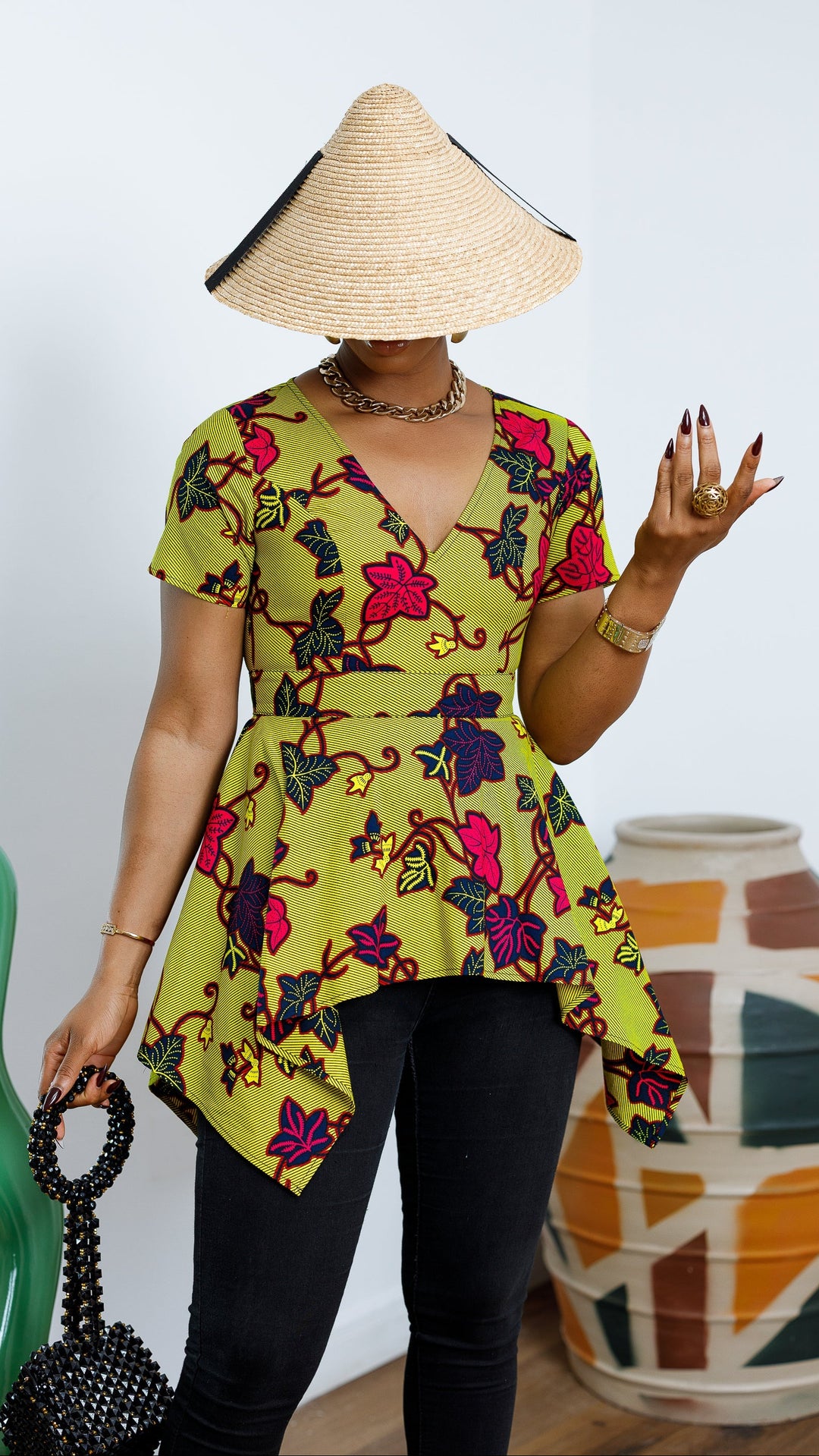 EBUN AFRICAN PRINT ASYMMETRIC PEPLUM TOP [GREEN]----FINAL SALE