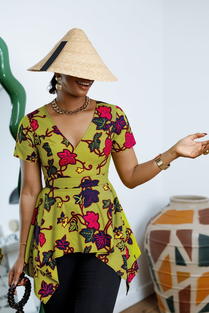 EBUN AFRICAN PRINT ASYMMETRIC PEPLUM TOP [GREEN] - Especially Yours