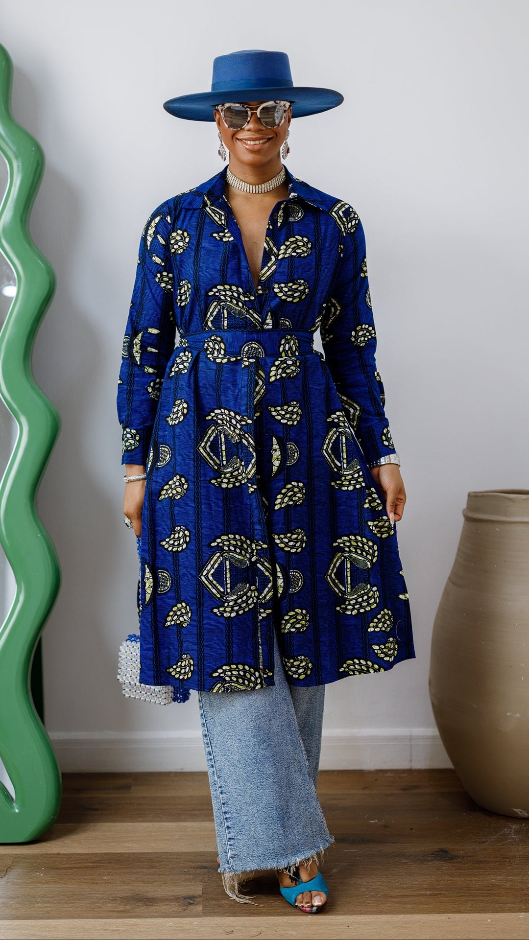 RHODA AFRICAN PRINT LONGLINE SHIRT [BLUE]