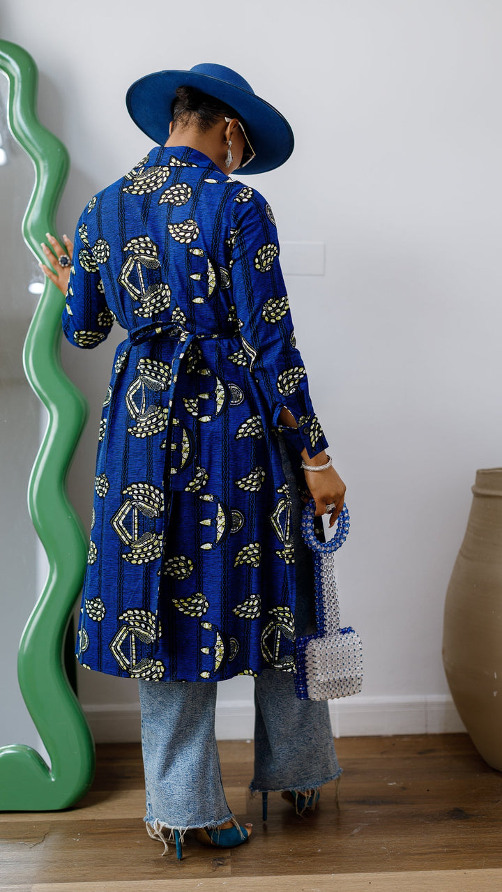 RHODA AFRICAN PRINT LONGLINE SHIRT [BLUE]