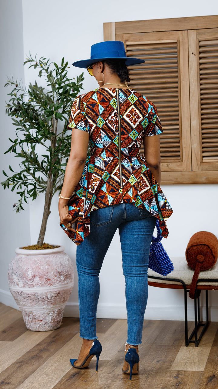 EBUN AFRICAN PRINT ASYMMETRIC PEPLUM TOP----FINAL SALE