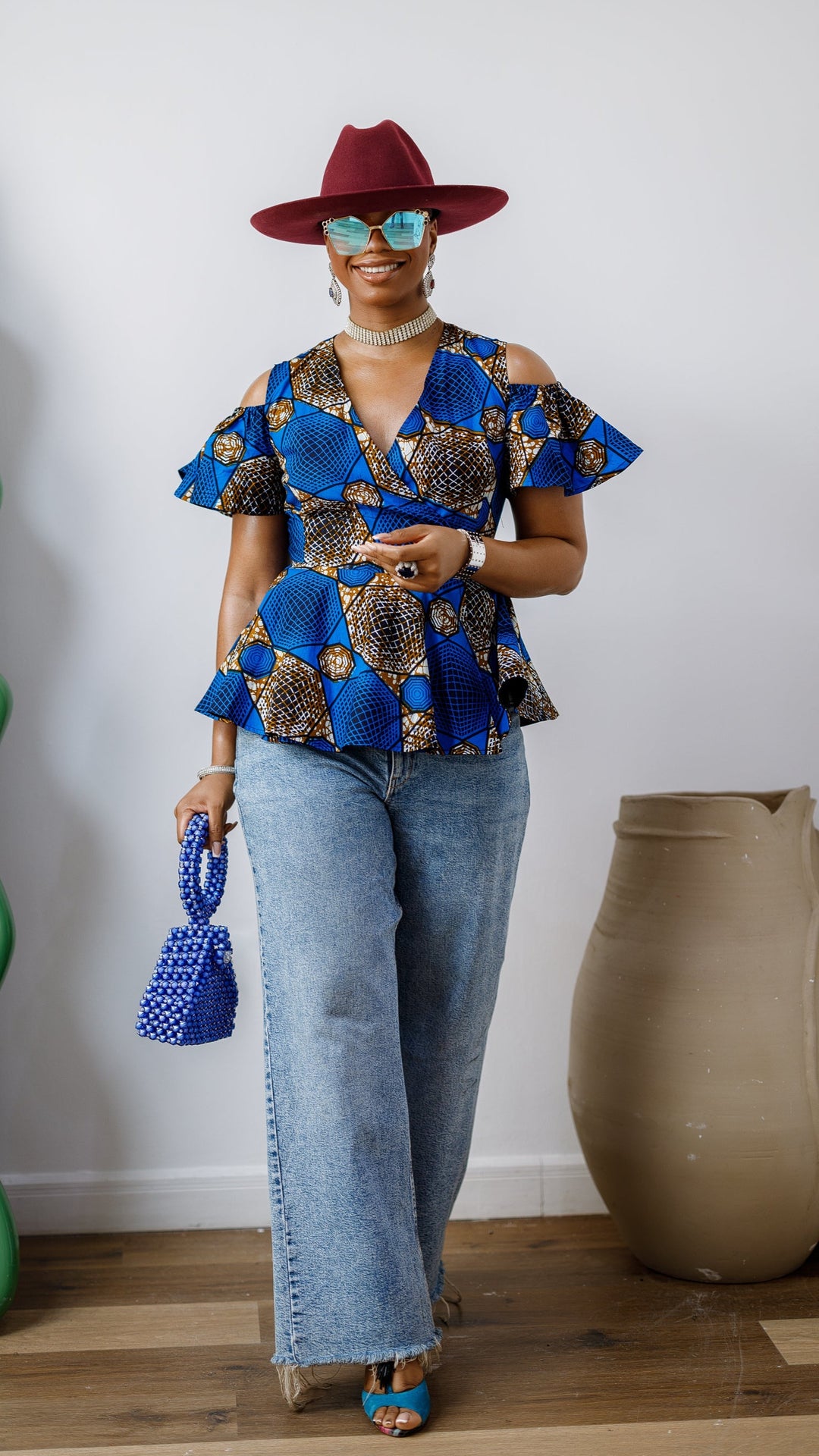 JEMIMA AFRICAN PRINT COLD SHOULDER WRAP TOP [BLUE]