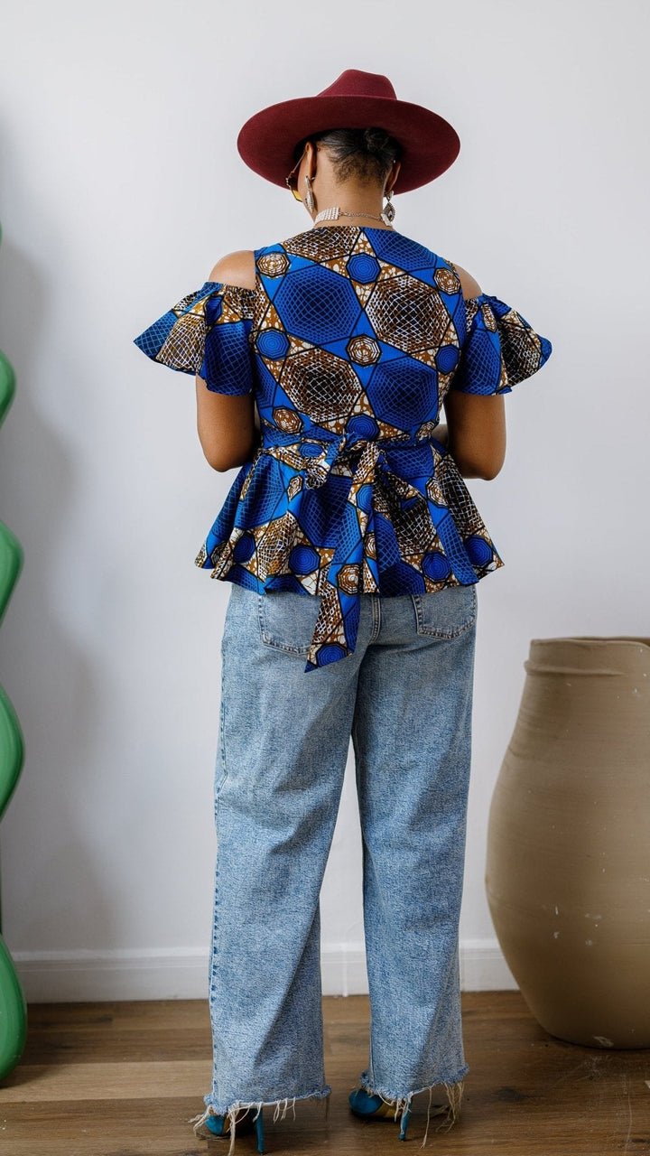 JEMIMA AFRICAN PRINT COLD SHOULDER WRAP TOP [BLUE] - Especially Yours
