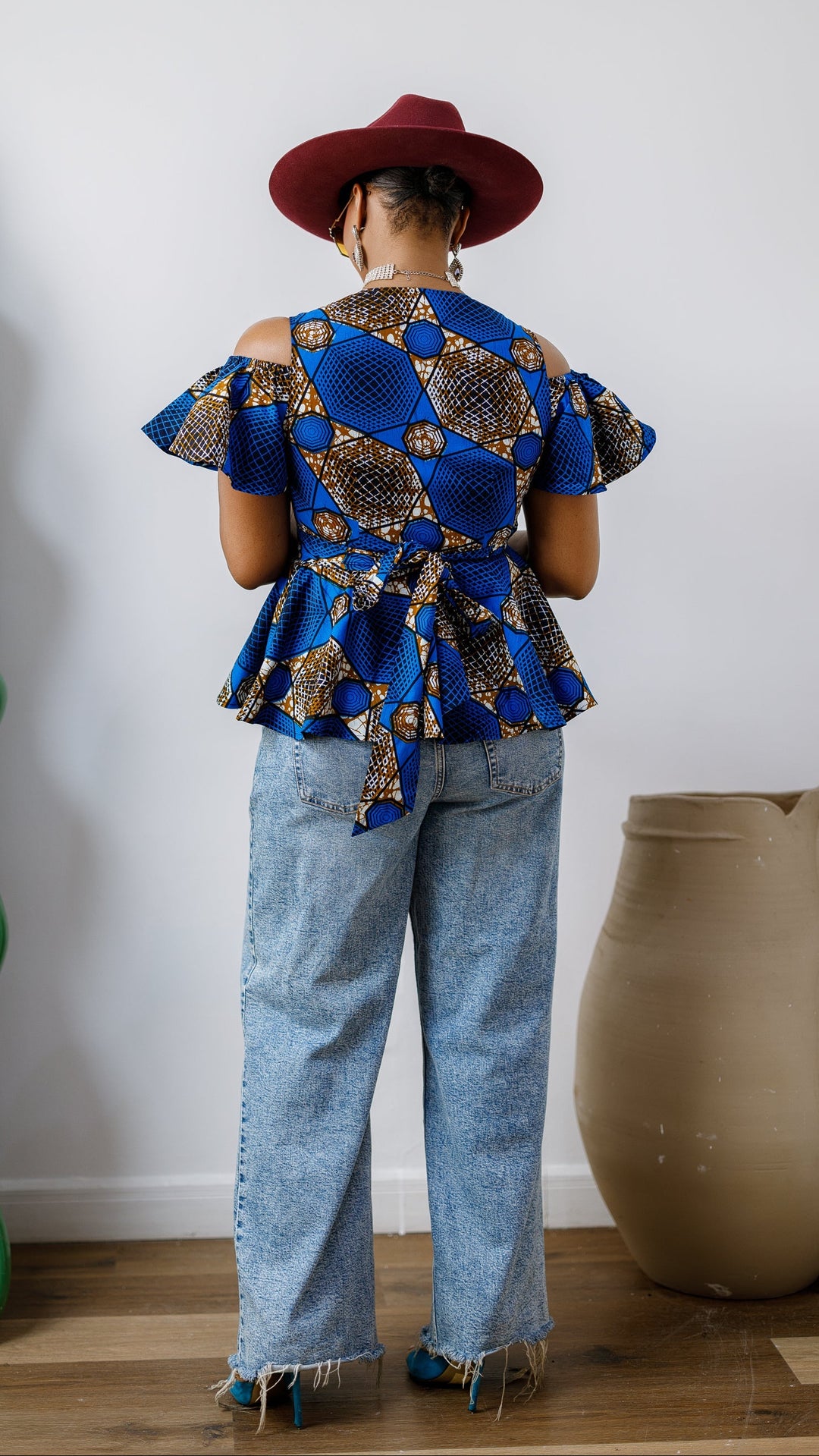 JEMIMA AFRICAN PRINT COLD SHOULDER WRAP TOP [BLUE]