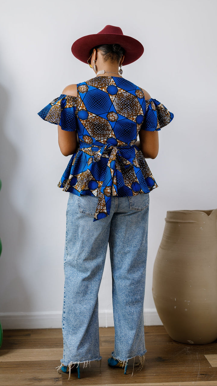 JEMIMA AFRICAN PRINT COLD SHOULDER WRAP TOP [BLUE]