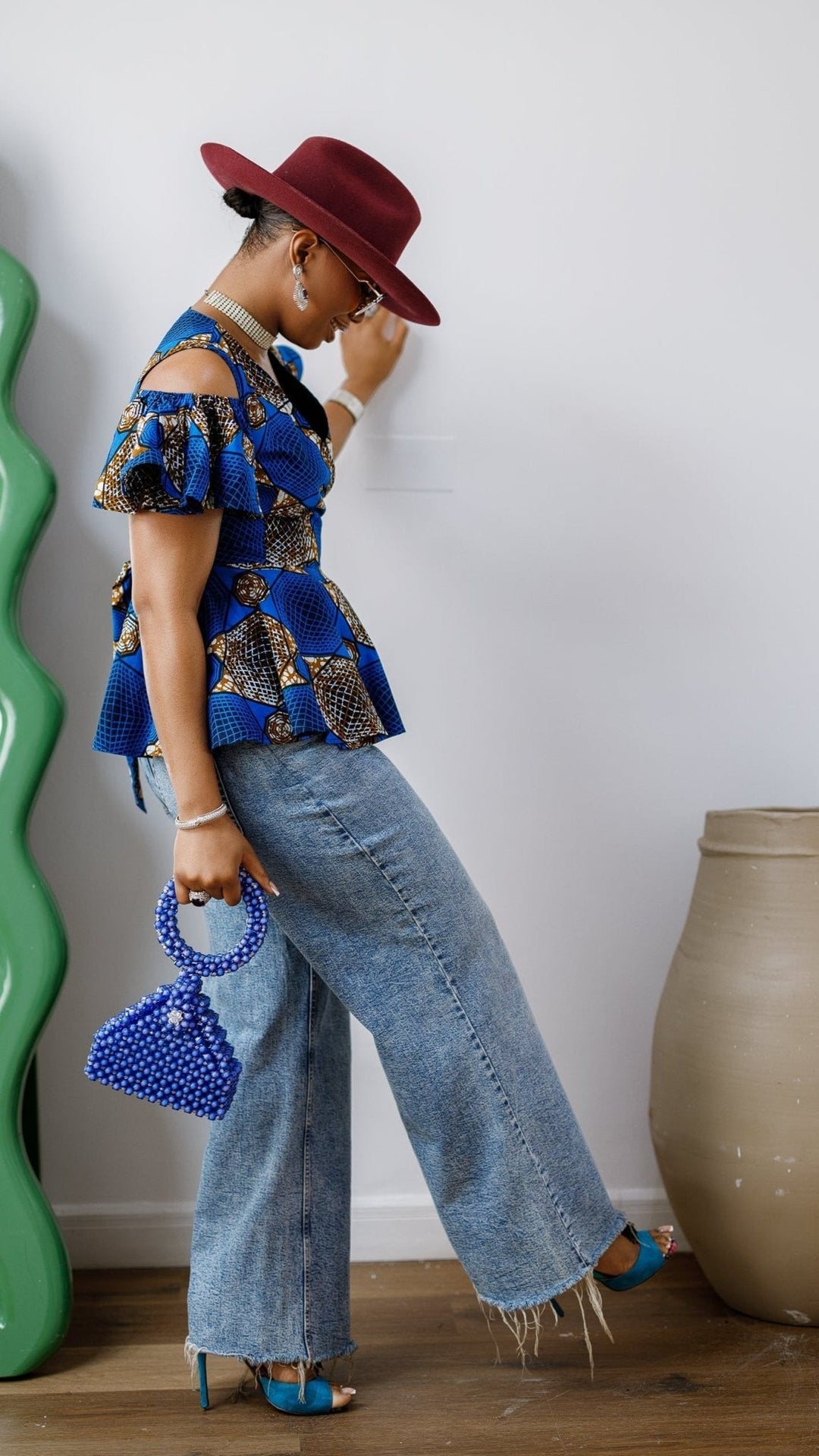 JEMIMA AFRICAN PRINT COLD SHOULDER WRAP TOP [BLUE] - Especially Yours