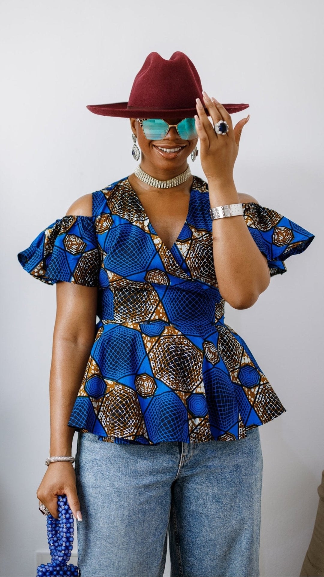 JEMIMA AFRICAN PRINT COLD SHOULDER WRAP TOP [BLUE] - Especially Yours